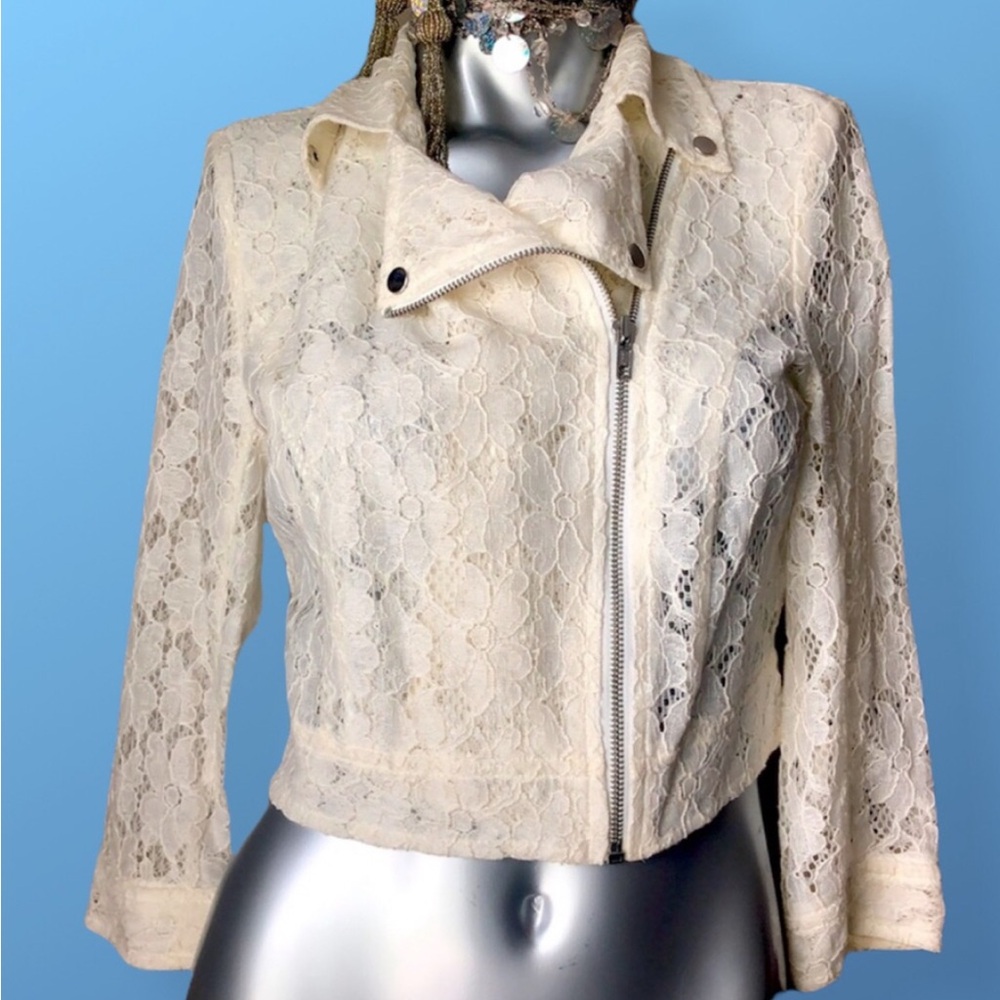 Forever 21 Lightweight Floral Lace Cropped Moto Jacket - Picture 2 of 8